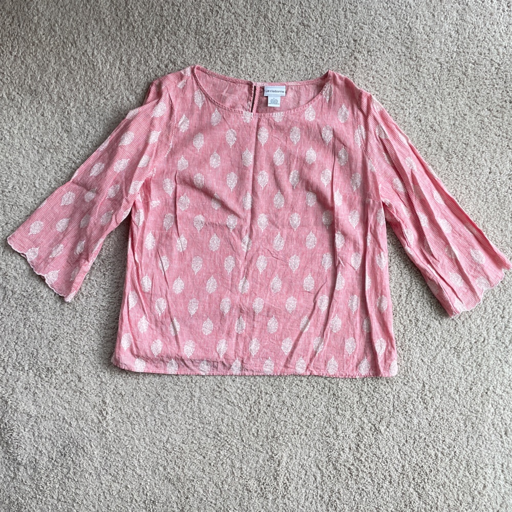 Liz Claiborne Linen Filigree Long Sleeve Striped Top Size Large Red White - Picture 4 of 7